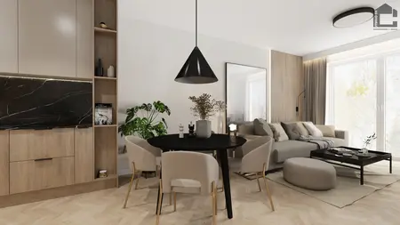 Wnętrze salonu w stylu industrialnym i minimalistycznym z beżowymi meblami.