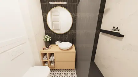 Nowoczesna łazienka z glamour i minimaluxe, białe meble i czarne akcenty.