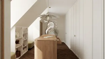 Przestronna garderoba na poddaszu z drewnianą wyspą, białymi szafami wnękowymi i designerskimi lampami sufitowymi. Przestrzeń uzupełniają półki na akcesoria i duże lustro.