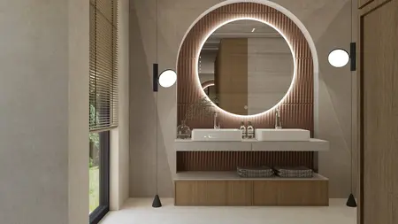 Nowoczesna łazienka boho-japandi z drewnianymi akcentami i minimalistycznym designem.