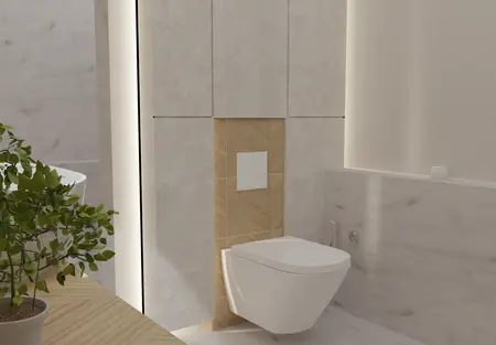 Nowoczesna łazienka w stylu boho z jasnymi płytkami, drewnianymi detalami i rośliną.