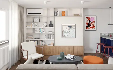 Wnętrze salonu z art deco, minimalistycznym i vintage designem oraz białymi meblami.