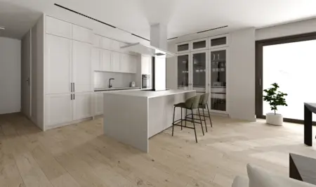 Kuchnia w stylu minimalistycznym z białymi meblami, drewnianym blatem i nowoczesnymi akcentami.
