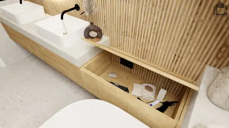 Minimalistyczna łazienka z dwiema umywalkami i drewnianymi detalami.