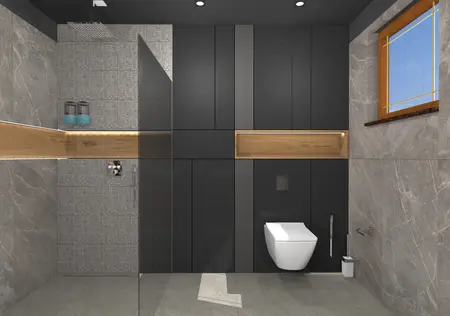 Wnętrze łazienki z szarymi kaflami, drewnianymi detalami, styl dopamine decor, minimalistyczny, industrialny, skandynawski.