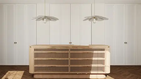 Wnętrze z meblem z drewna, białymi ścianami, styl art deco, eklektyczny, soft minimalizm.