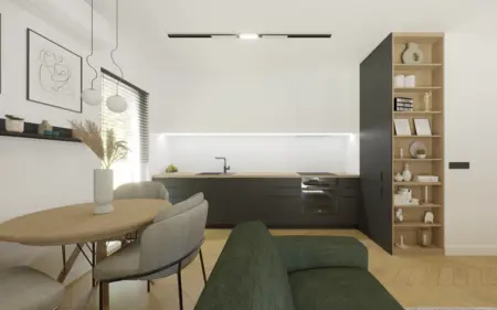 Wnętrze kuchni w stylu industrialnym i minimalistycznym z nowoczesnymi akcentami.