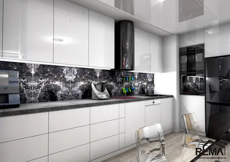 Kuchnia w stylu industrialnym i minimalistycznym z białymi meblami i czarnym blatem.