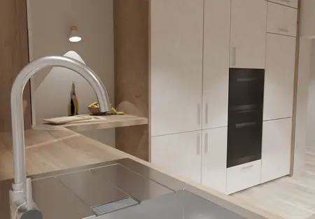 Kuchnia w stylu boho z drewnianymi meblami i białymi frontami.