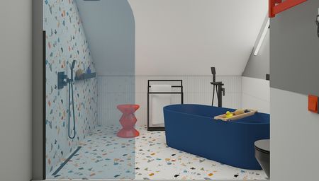 Wnętrze łazienki z niebieską wanną i kolorową podłogą, dopamine decor, minimalistyczny, minimaluxe, nowoczesny, współczesny