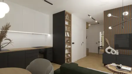 Wnętrze kuchni w stylu industrialnym i minimalistycznym z drewnianymi akcentami.