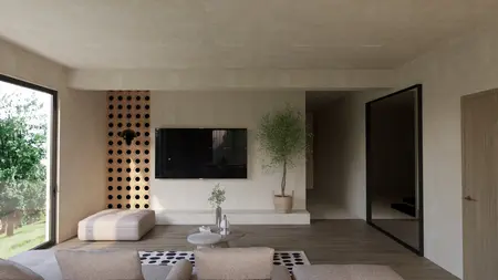 Wnętrze salonu w stylu boho, japandi i minimalistycznym z telewizorem i rośliną.