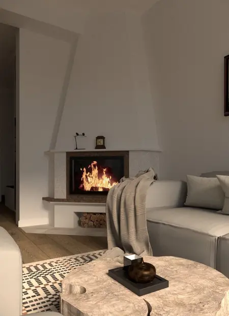 Przytulny salon z kominkiem, minimalistyczny i tradycyjny styl, drewniane elementy.
