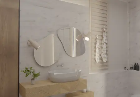 Nowoczesna łazienka z drewnianą szafką i lustrem w stylu boho.