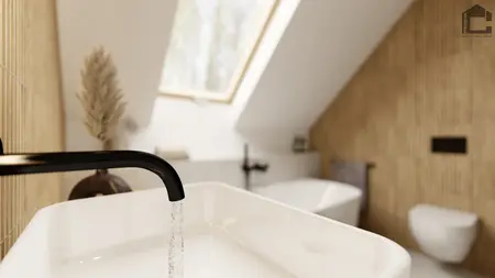 Nowoczesna łazienka z drewnianymi panelami i białym umywalką, minimalistyczny design.