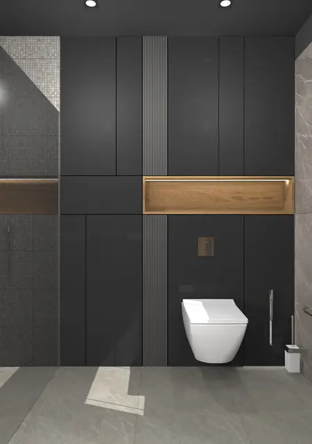 Nowoczesna łazienka z ciemnymi elementami i drewnem, styl dopamine decor, industrialny, minimalistyczny, skandynawski, współczesny.
