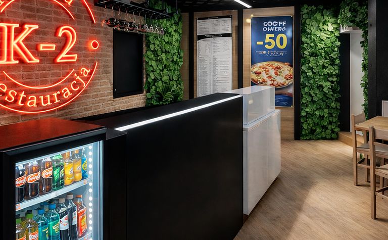 Wnętrze pizzerii z czarnymi meblami, drewnianą podłogą i roślinnością, styl industrialny, nowoczesny, współczesny