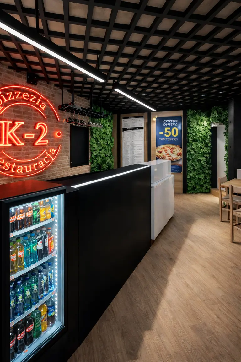 Wnętrze pizzerii z czarnymi meblami, drewnianą podłogą i roślinnością, styl industrialny, nowoczesny, współczesny