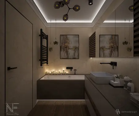 Wnętrze łazienki w stylu minimalistycznym z wanną, lustrem i oświetleniem LED.