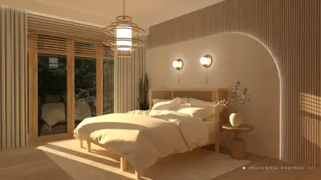 Wnętrze sypialni w stylu boho, japandi i minimalistycznym z jasnym łóżkiem.