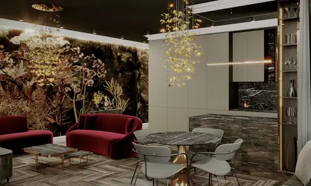 Wnętrze salonu w stylu art deco z nowoczesnymi meblami i oświetleniem.