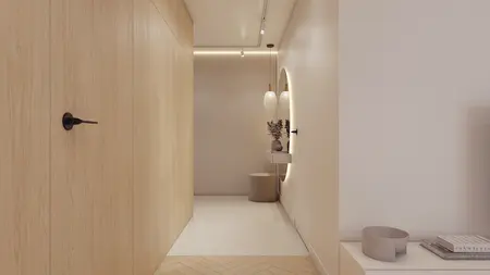 Przedpokój z minimalistycznym designem, nowoczesnymi lampami i drewnianymi elementami.