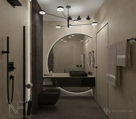 Nowoczesna łazienka z minimalistycznym wyposażeniem i eleganckim oświetleniem