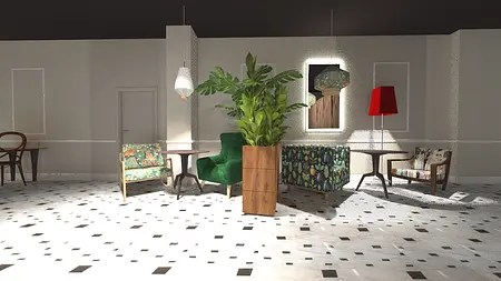 Eklektyczne wnętrze salonu z zielonymi fotelami i rośliną.