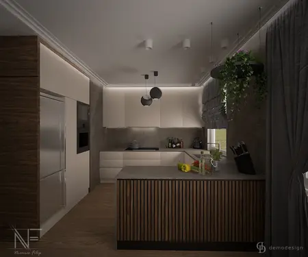 Nowoczesna kuchnia w stylu minimalistycznym z drewnianymi akcentami i roślinnością.