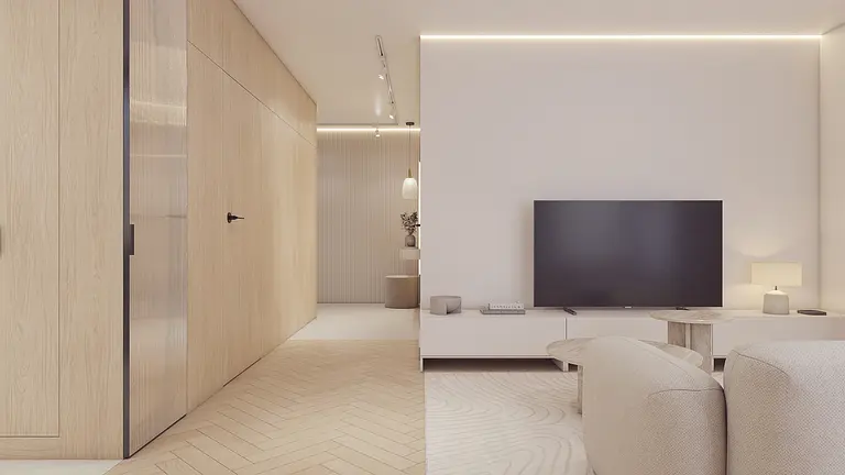 Nowoczesne wnętrze z drewnianymi elementami, telewizorem i minimalistycznym oświetleniem.