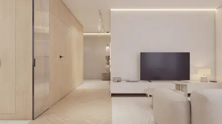 Nowoczesne wnętrze z drewnianymi elementami, telewizorem i minimalistycznym oświetleniem.