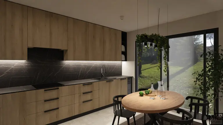 Nowoczesna kuchnia z drewnianymi meblami i czarnym blatem, współczesny design.