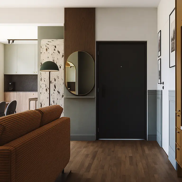 Wnętrze przedpokoju z brązową kanapą, lustrem i nowoczesnymi detalami w stylu art deco.