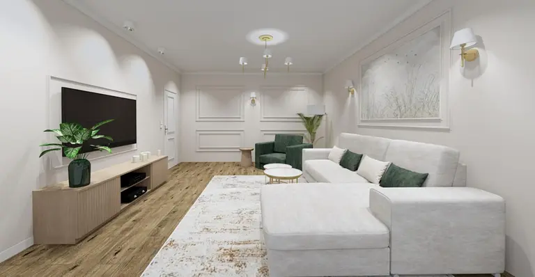 Wnętrze salonu z białą sofą, zielonymi akcentami i drewnianą podłogą. Styl glamour i nowoczesny.