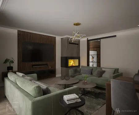 Wnętrze salonu w stylu minimalistycznym z zielonymi sofami i kominkiem.