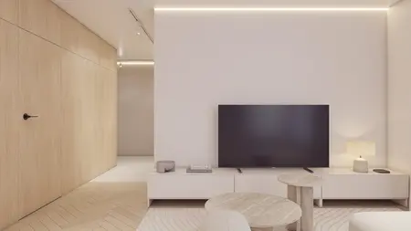 Salon z minimalistycznym wystrojem, jasnymi meblami i TV, styl minimaluxe, nowoczesny, współczesny.