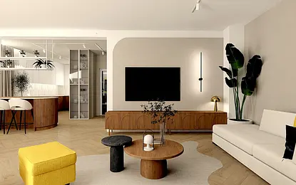 Wnętrze salonu z minimalistycznym i industrialnym designem, z jasnymi meblami i drewnianymi detalami.