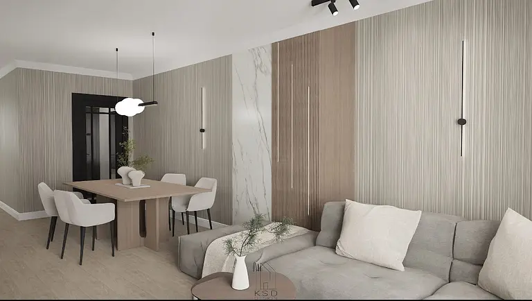 Wnętrze salonu minimalistycznego z beżowymi meblami i drewnianymi wykończeniami.