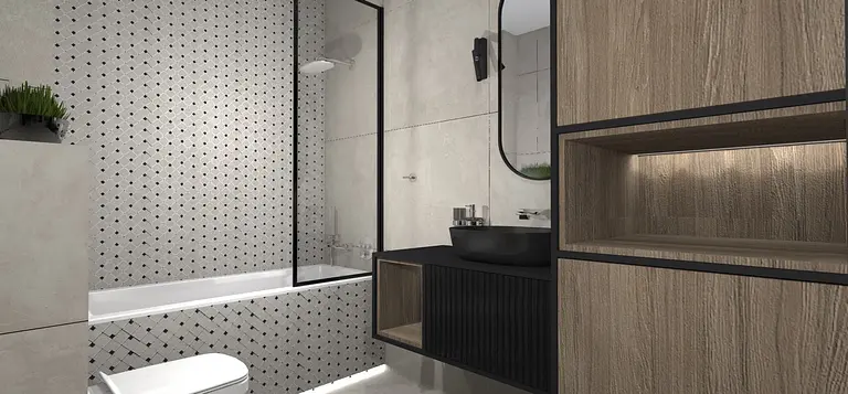 Łazienka w stylu industrialnym z minimalistycznymi meblami, skandynawskim designem i nowoczesnymi akcentami.