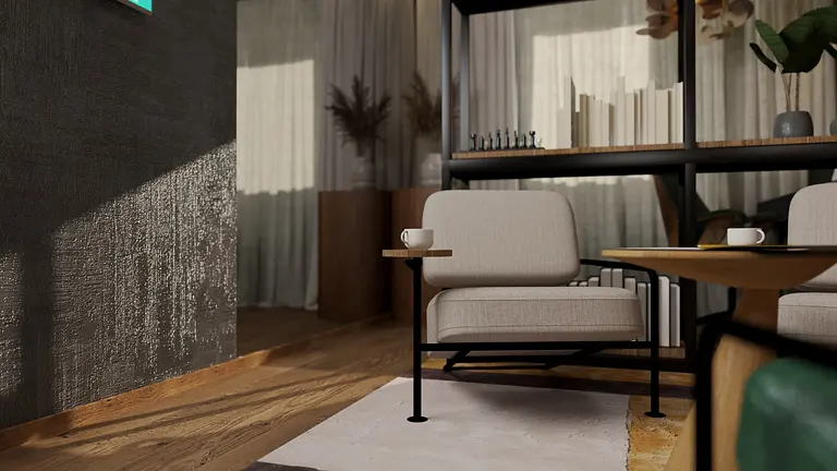 Wnętrze w stylu industrialnym i minimalistycznym z beżowymi fotelami i drewnianymi dodatkami.