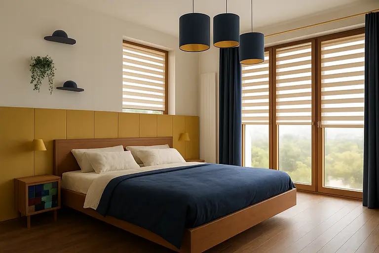 Wnętrze sypialni w stylu art deco i eklektycznym z niebieską pościelą i żółtymi detalami.