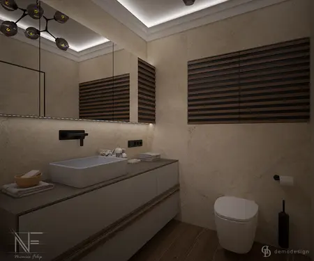 Minimalistyczna łazienka z jasnymi meblami i drewnianymi detalami, soft minimalizm.