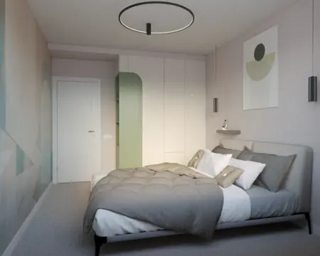 Sypialnia minimalistyczna z szarymi meblami, nowoczesnym oświetleniem i skandynawskim designem.