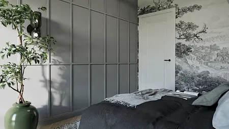 Sypialnia z szarymi ścianami, zieloną rośliną i eleganckim oświetleniem, styl nowoczesny.