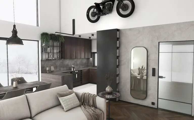Wnętrze z industrialnym i minimalistycznym stylem, szaro-brązowa kuchnia, duże okna.