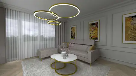 Wnętrze salonu z szarymi meblami i złotymi detalami, styl glamour.