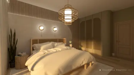 Sypialnia w stylu boho, japandi, minimalistycznym, nowoczesnym, współczesnym z beżowymi meblami.