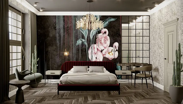 Sypialnia z różowym muralem, nowoczesnym łóżkiem i drewnianą podłogą w stylu art deco.