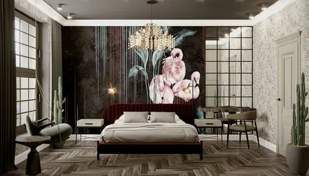 Sypialnia z różowym muralem, nowoczesnym łóżkiem i drewnianą podłogą w stylu art deco.