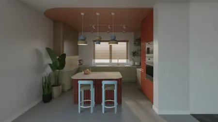 Kuchnia z eklektycznym designem, vintage meblami i współczesnymi akcentami.